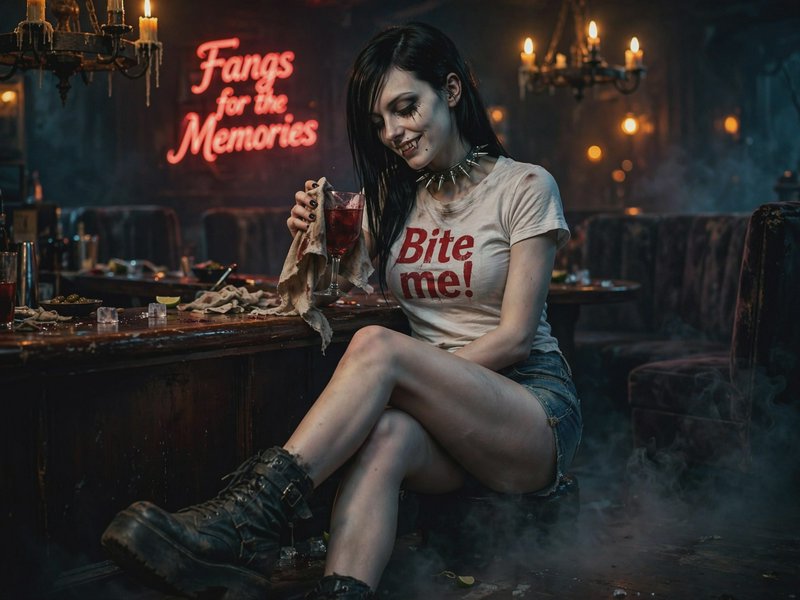 Gothic vampire bartender wipes a wine glass in a dim foggy spooky bar with playful neon pun signage.