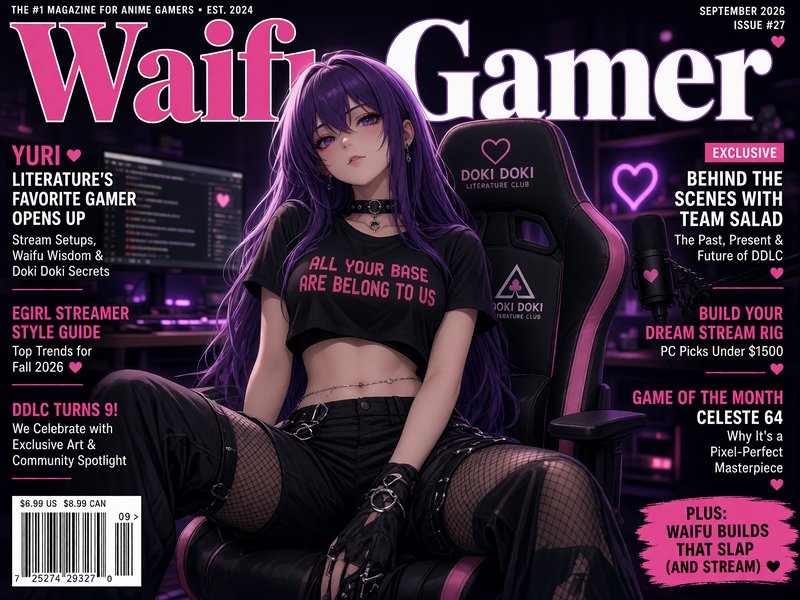 Waifu Gamer magazine cover featuring purple-haired DDLC anime character Yuri seated in a neon gam...