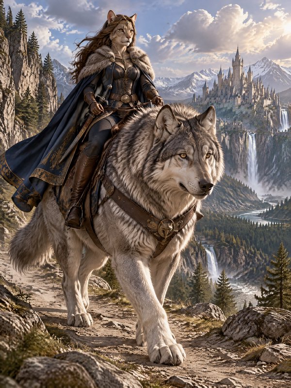 Anthropomorphic feline fantasy warrior rides a giant grey dire wolf along a mountain path, with a...