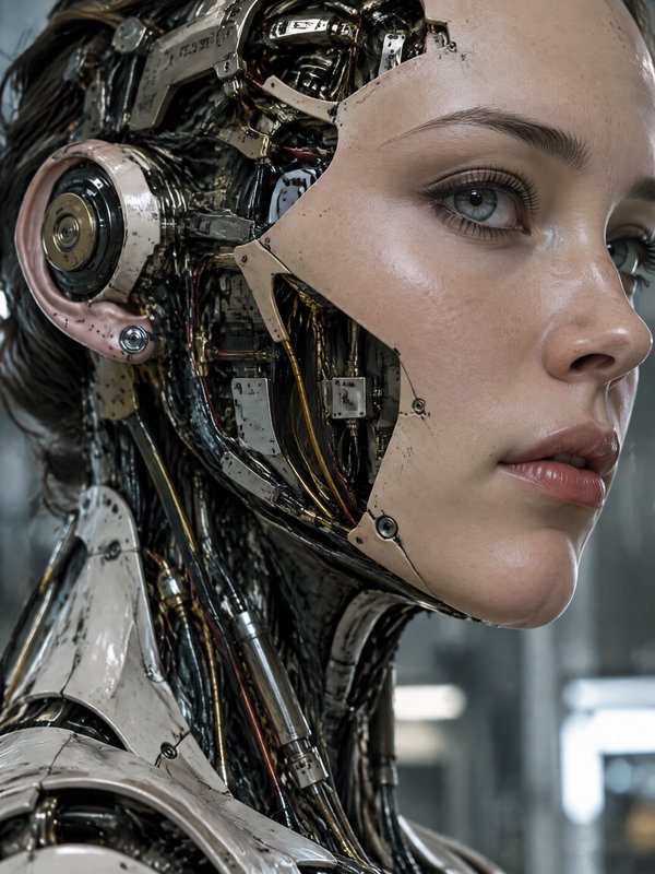 Close-up profile of a female cyborg, with synthetic skin on half her face and exposed mechanical ...