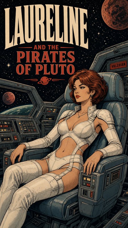 Retro sci-fi comic cover of Laureline seated in a spaceship cockpit, titled Laureline and the Pir...