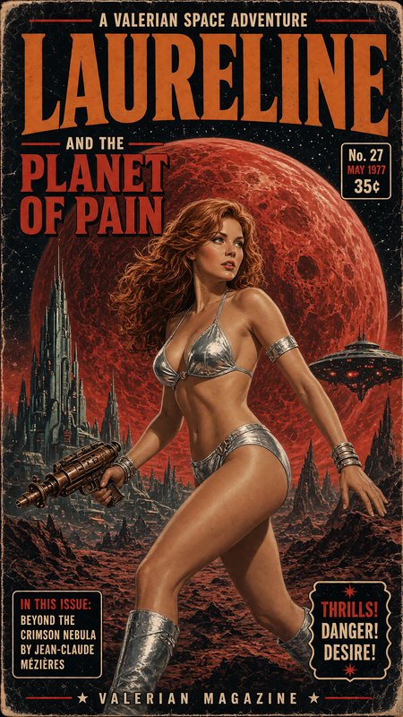 Vintage 1977 pulp sci-fi magazine cover of Laureline holding a ray gun against a red alien planet...