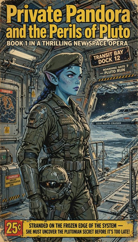Vintage pulp sci-fi book cover showing blue-skinned elven soldier Private Pandora standing at a P...