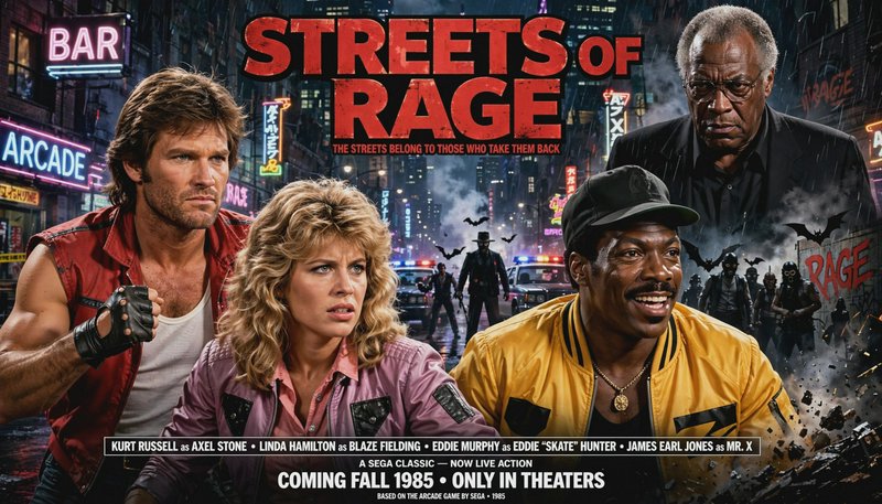 Fictional 1980s live action Streets of Rage movie poster featuring lead characters against a rain...