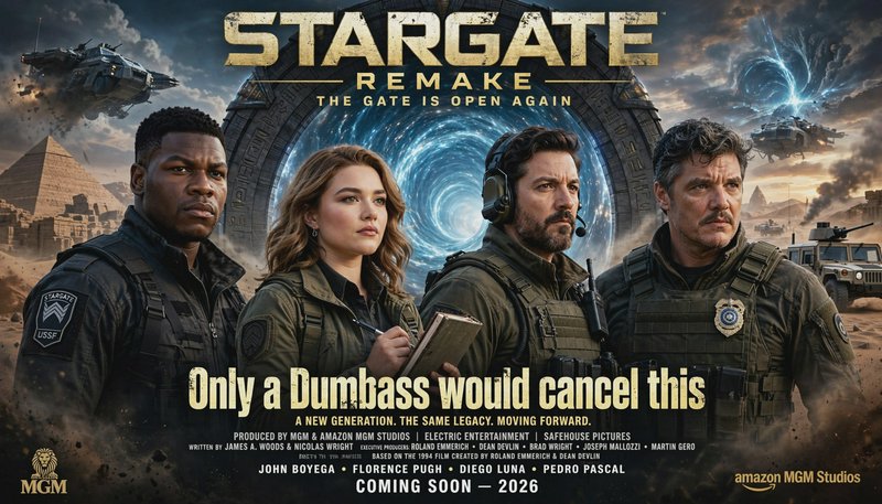 Viral fan-made Stargate remake poster featuring lead cast posing in tactical gear before a glowin...