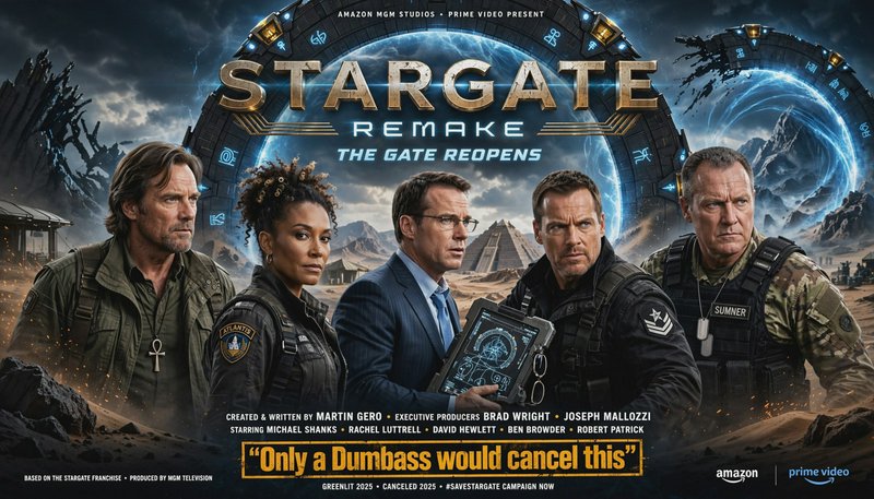 Fan-created Stargate remake poster showing core cast posed in front of glowing active Stargate portals over a desert alien