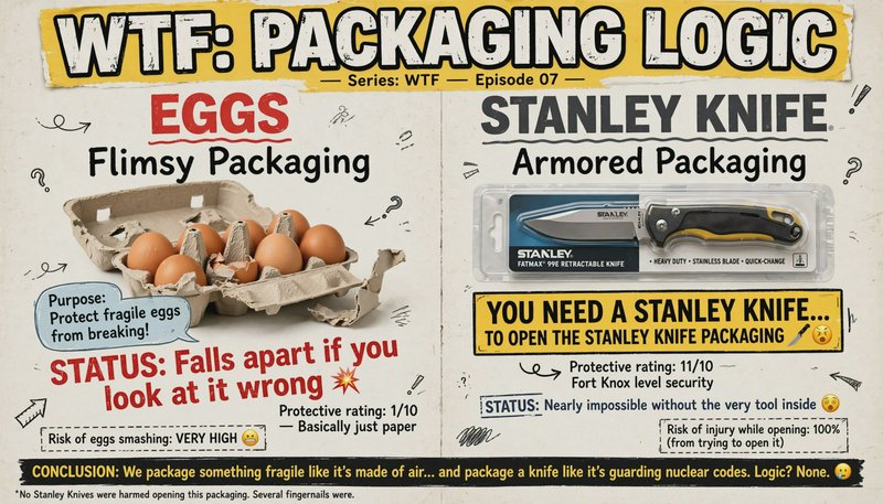 Humorous infographic contrasting absurdly flimsy egg packaging with overbuilt Stanley knife blist...