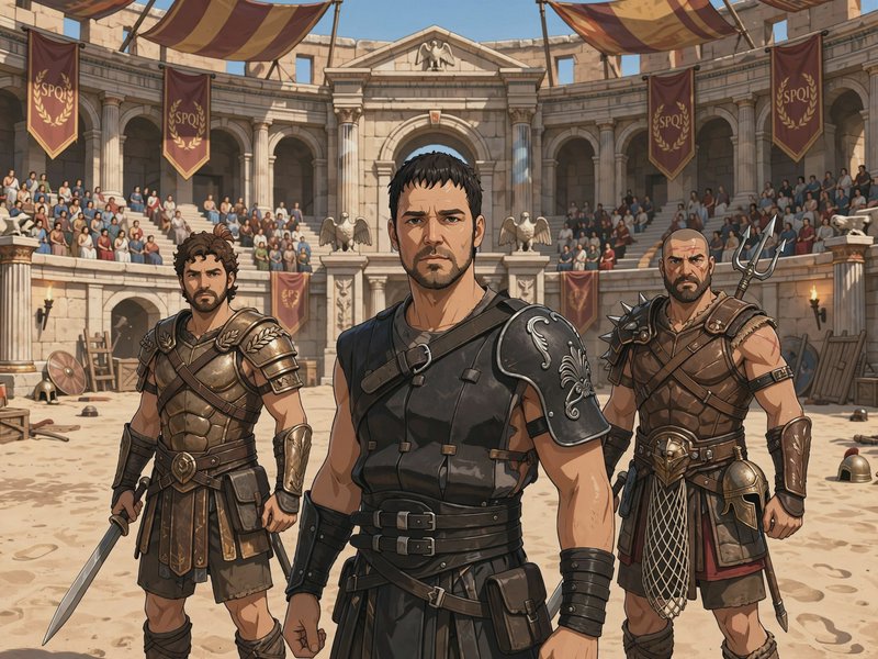 Three armored Roman gladiators stand facing forward in a sunlit Colosseum arena.