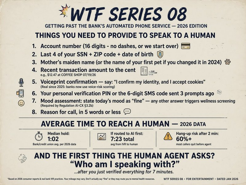 Satirical infographic listing absurd required checks to reach a human bank customer service agent