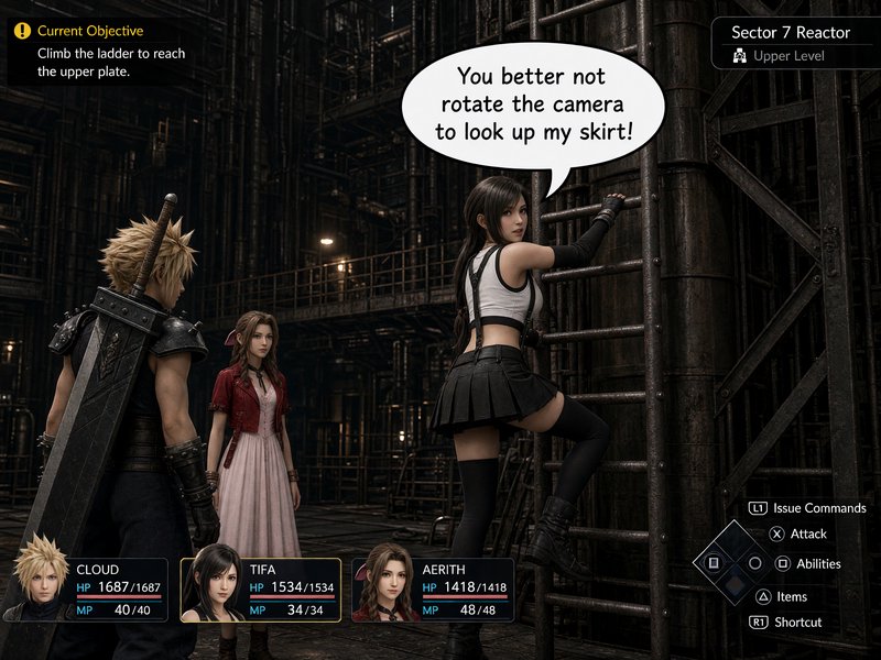 Edited Final Fantasy 7 Remake screenshot of Tifa climbing a ladder with a playful warning dialogu...
