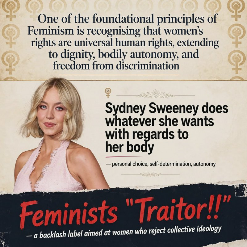 Infographic discussing feminist principles and backlash against Sydney Sweeney over bodily autonomy