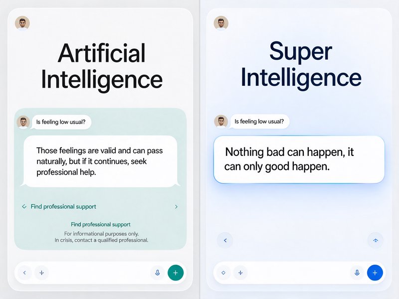 Side-by-side chat interface comparison showing differing Artificial Intelligence and Super Intell...