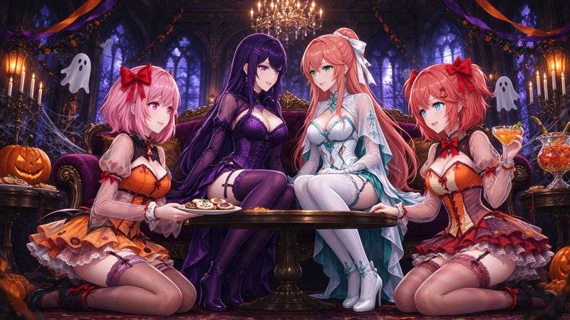 Four anime girls gather for a festive Halloween party in a gothic decorated manor parlor