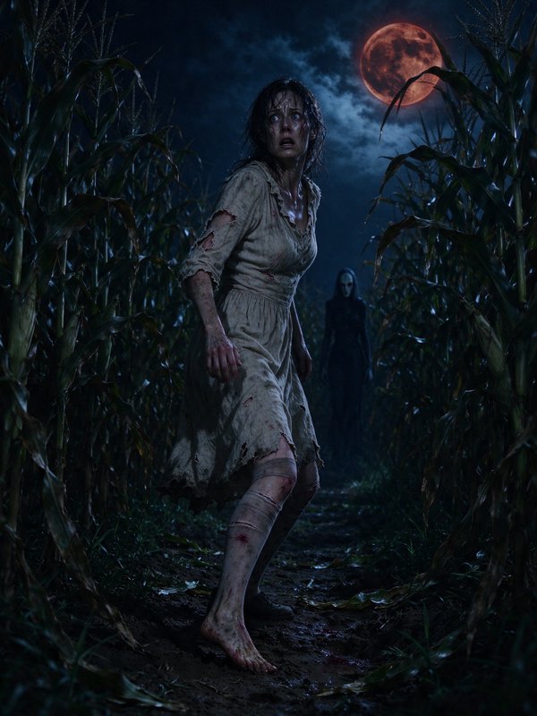 Terrified injured woman looks back at a menacing ghostly figure pursuing her through a cornfield under a blood moon