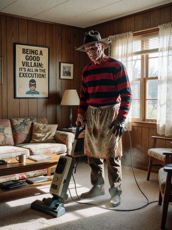 Freddy Krueger wearing a floral house apron vacuuming carpet in a retro wood-paneled living room