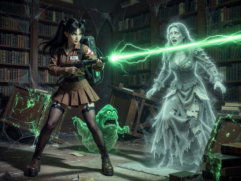 Anime ghostbuster girl fires proton beam at a spectral ghost next to Slimer in a haunted cobweb-c...