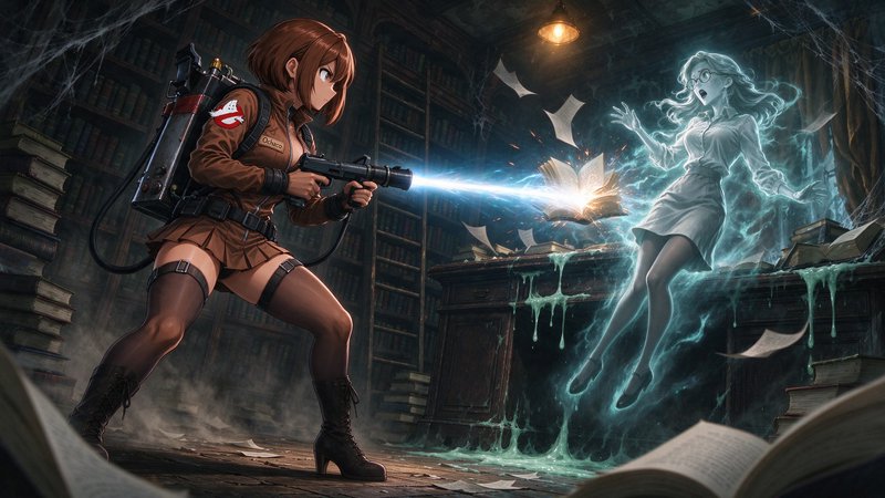 Ochaco Uraraka from my hero academia, toned figure,, large natural bust, shapely muscular legs, 19 years old,, on the left of the image,Dressed in a  skintight unzipped brown Ghostbusters uniform with a matching pleated miniskirt,  highly correct Ghostbusters logo on sleeve, text "Ochaco" sewn on name badge on chest pocket, garter belt and stockings and laced heel boots, D-rings  and straps,  with proton pack on her back, firing plasma stream at ghostly female Librarian wearing a blouse, miniskirt, stockings and glasses who is on the right of the image, , in dusty , spooky library,  ectoplasm on the furniture, cinematic action , subsurface scattering , cinematic colour grading,  dramatic shadows, highly detailed intricate details