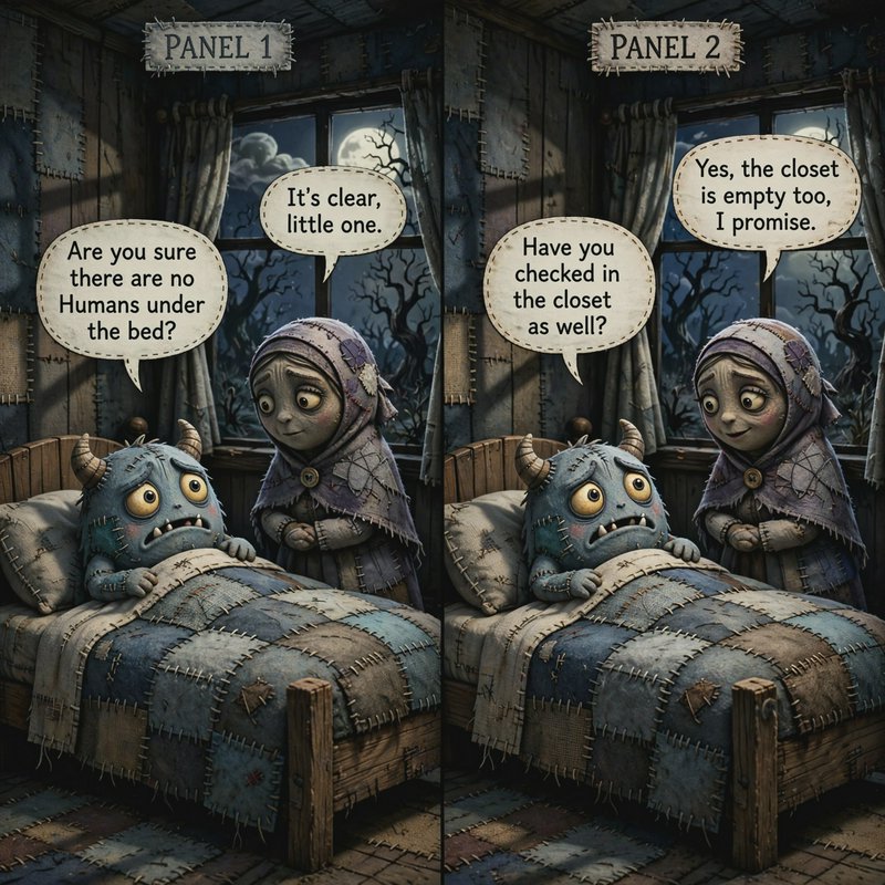 Two-panel comic of a worried little monster in bed being reassured no humans are hiding in his be...