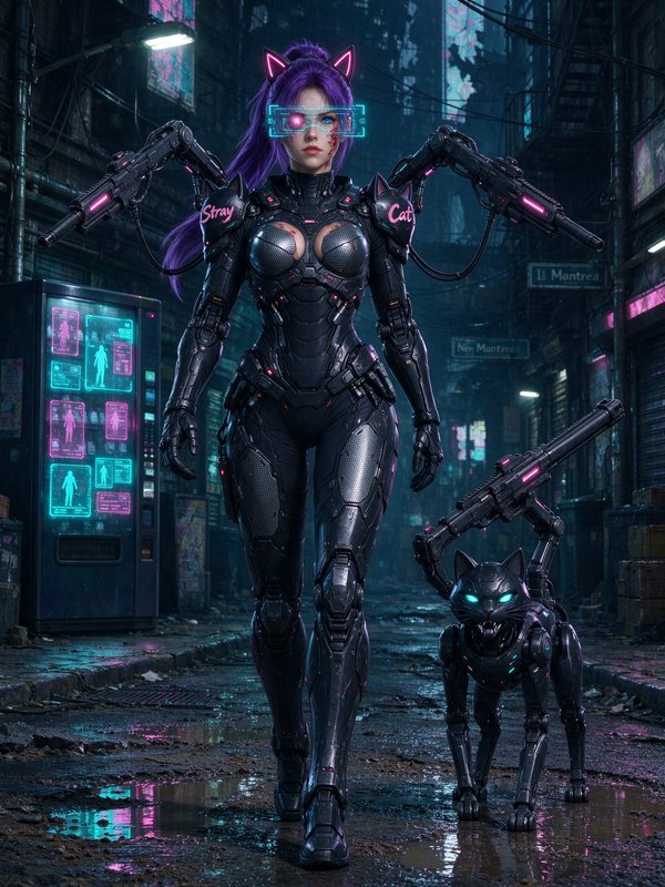 Armored cyberpunk catgirl mercenary walks with robotic combat cat down rainy neon alley