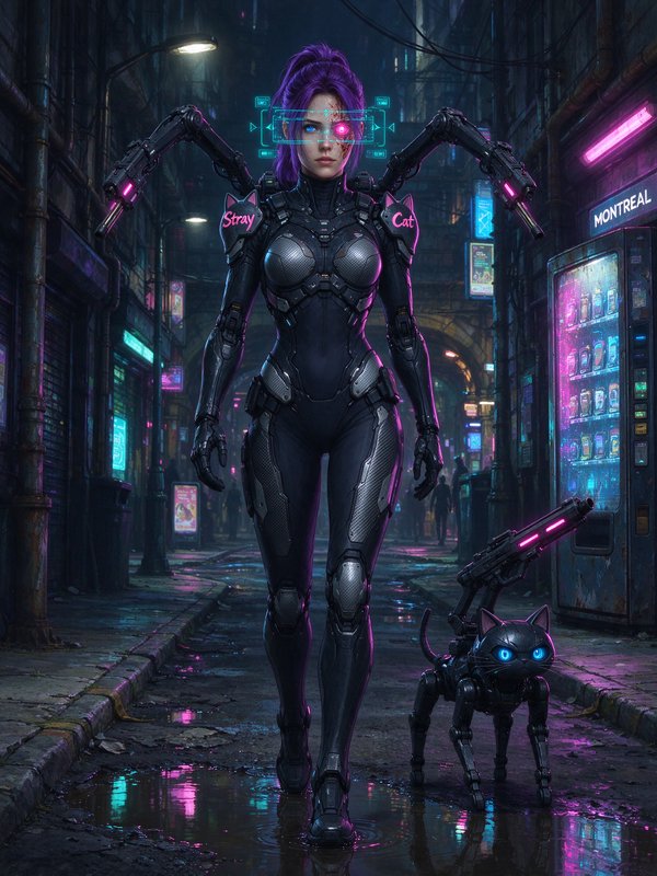 Cyberpunk cyborg soldier with purple hair walks alongside an armed robotic cat down a rainy neon city alley