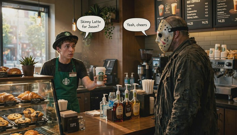 Jason Voorhees wearing his iconic hockey mask receives a latte order from a confused Starbucks ba...