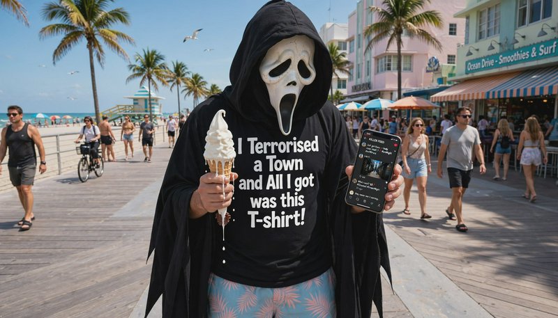 Scream Ghostface cosplayer holds melting ice cream and a phone on a sunny South Beach boardwalk