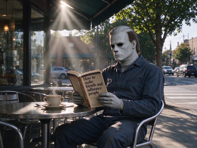 Michael Myers sits at a sunny sidewalk cafe reading a self help book next to a steaming cup of co...