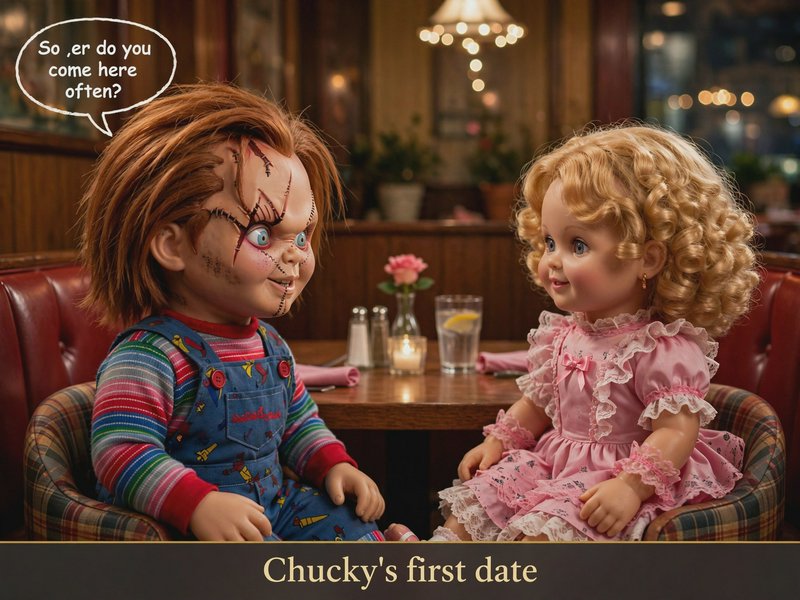 Stitched Chucky awkwardly flirts with a vintage doll during his first date at a cozy diner table