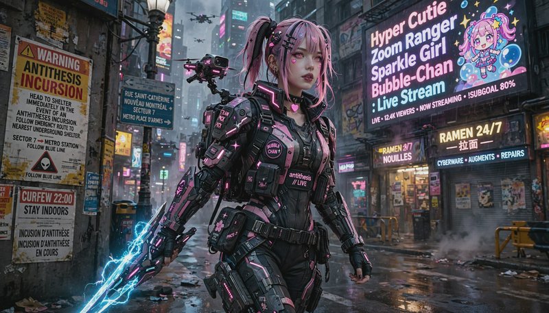 Pink pigtailed cyberpunk operative in tactical armor holds an energy blade on a rainy neon city street