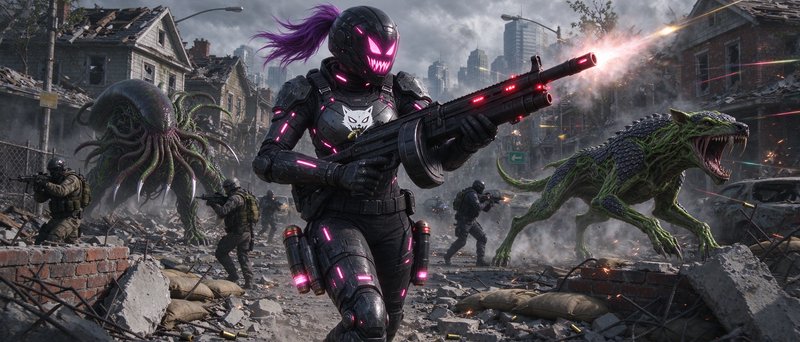 Futuristic armored soldier with glowing pink menacing visor fires a rifle during a post-apocalypt...