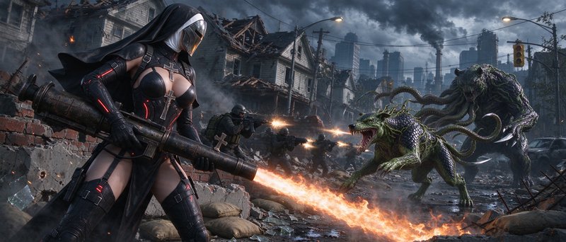 Armored battle nun uses a flamethrower to fight tentacled monsters alongside soldiers in a ruined...