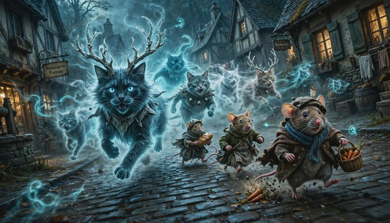 Anthropomorphic village mice flee glowing spectral antlered cat spirits down a misty medieval cob...