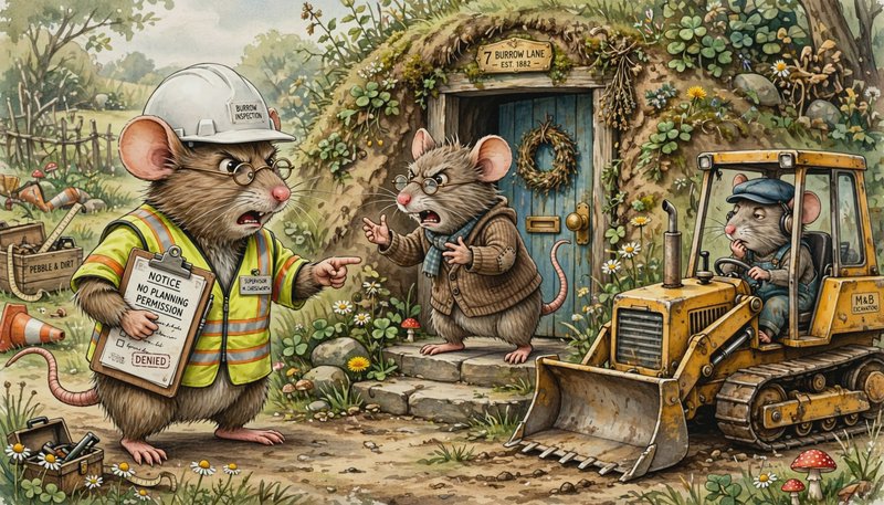 Anthropomorphic mouse building inspector argues with a homeowner outside a burrow home next to a ...