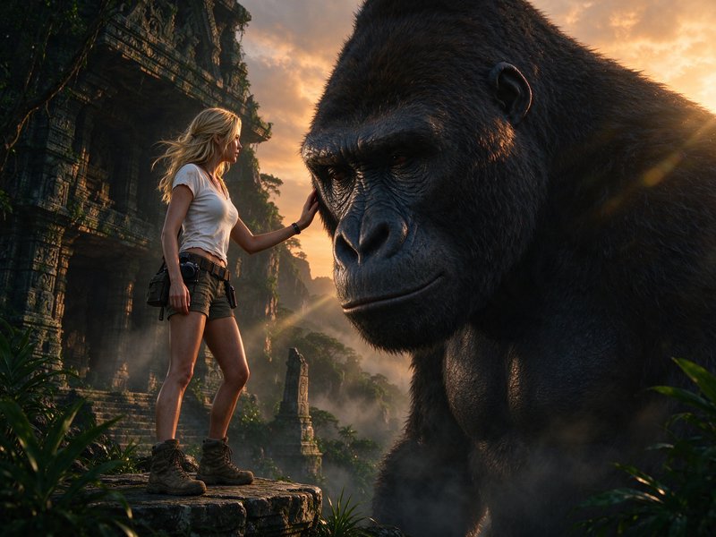 Female adventurer gently touching a giant gorilla beside overgrown ancient jungle ruins at golden...