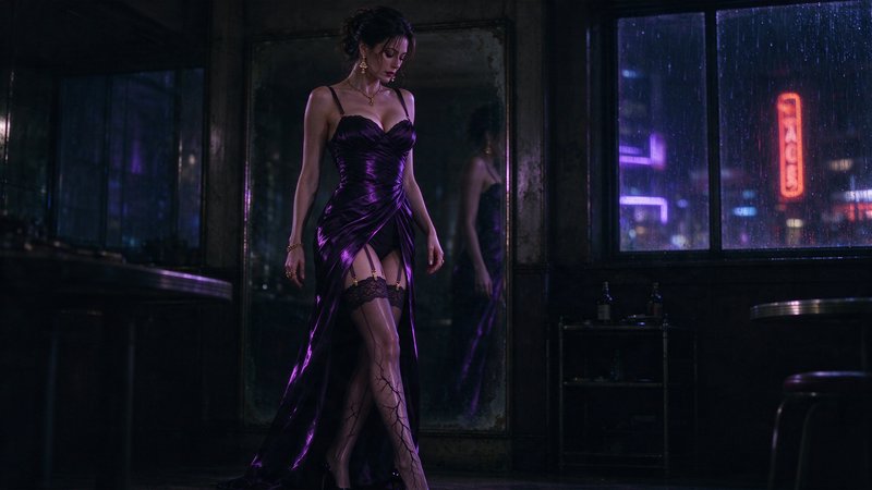 Woman in a shimmering purple satin gown stands in a dim rainy neon-lit vintage bar at night