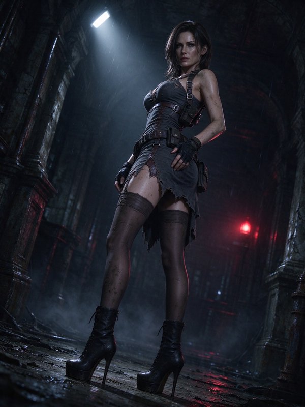 Confident tactical female adventurer stands in a rain-damp dark gothic underground dungeon corridor