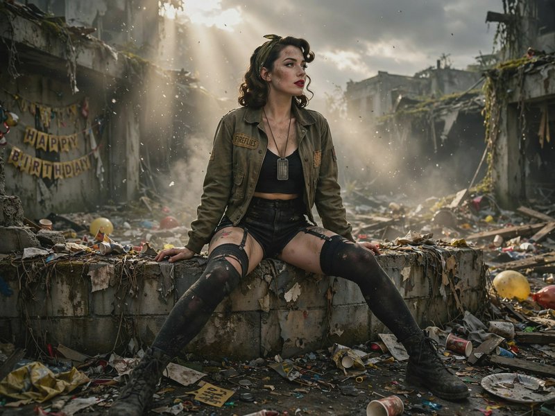 Post-apocalyptic retro pinup woman sits on crumbling concrete rubble in a ruined city with sunbea...