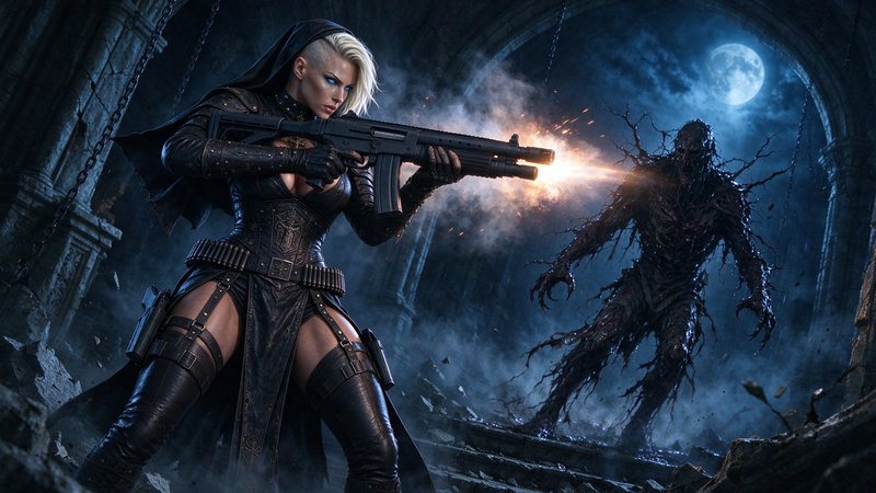 Female dark fantasy warrior fires a shotgun at a twisted undead monster in a moonlit gothic ruin