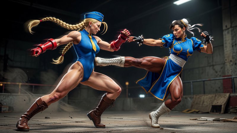 Chun-Li throws a high kick against Cammy during an underground Street Fighter battle