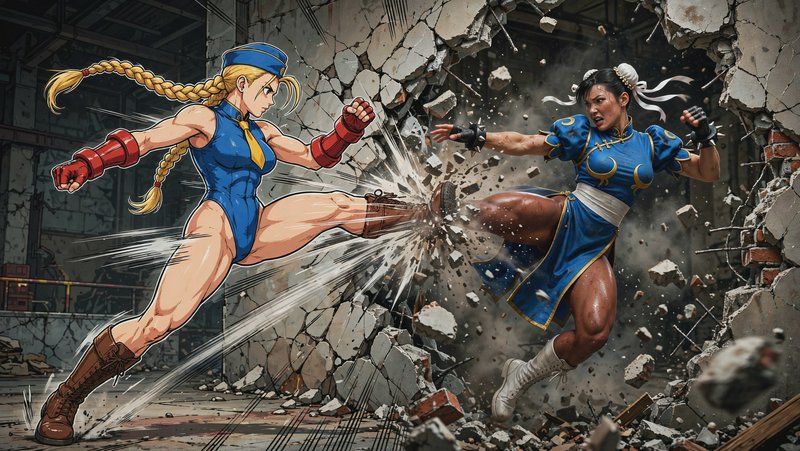 Cammy and Chun-Li clash mid-kick, shattering a concrete wall inside a crumbling industrial fighti...