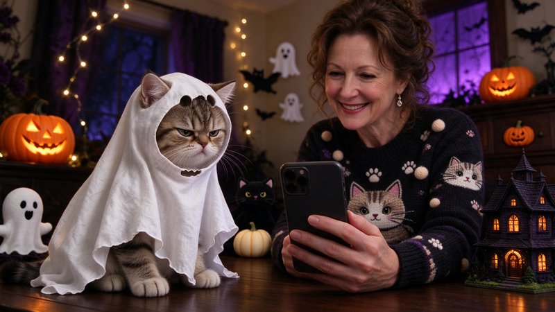 Grumpy tabby cat in a white ghost costume sits beside a smiling woman holding a smartphone in a H...