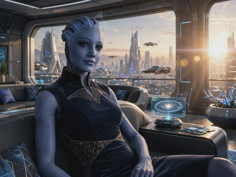 Blue skinned alien woman sits in a futuristic penthouse overlooking a sci-fi city at golden sunset