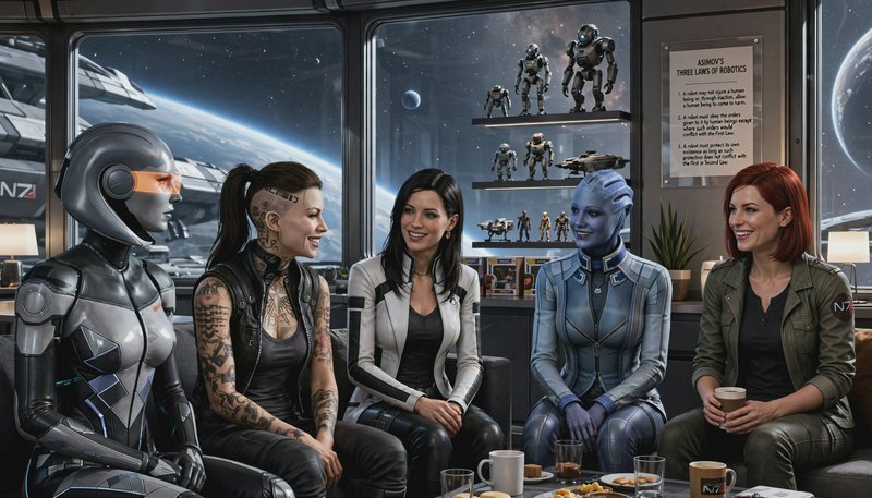 Group of sci-fi human, alien, and android characters sit chatting in a starship lounge overlookin...
