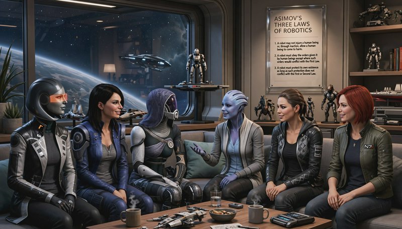 Mass Effect squad sits chatting on a starship lounge couch overlooking outer space.