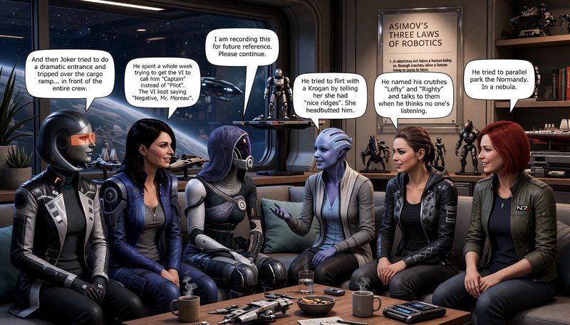 Mass Effect Normandy crew sit on a starship lounge couch swapping humorous in-universe anecdotes
