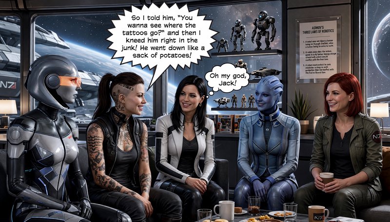 Mass Effect crew sits on a starship lounge couch laughing as Jack tells a funny fight story