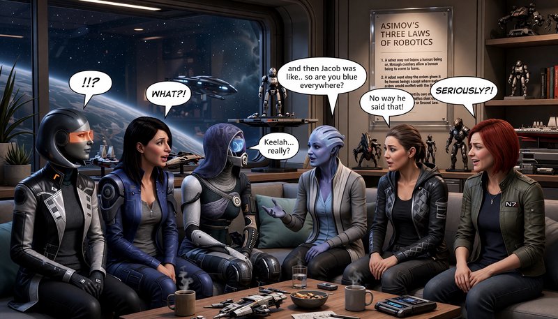 Mass Effect female squad members gossiping together on a couch in a cozy starship lounge overlook...