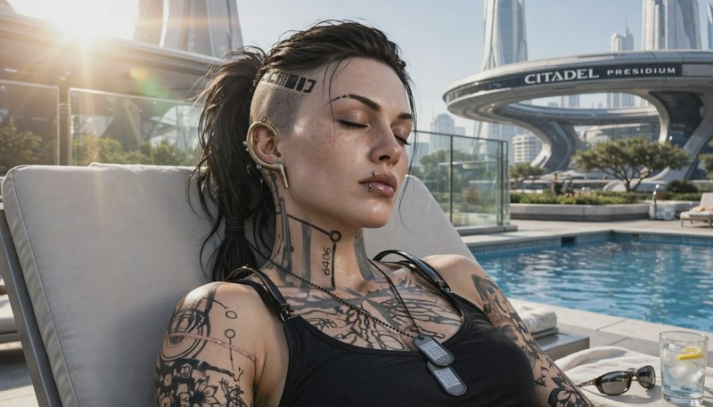 Tattooed cyberpunk woman relaxes on a rooftop pool lounge at a futuristic Citadel Presidium complex