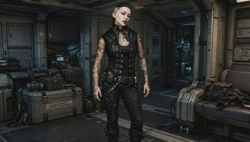 Heavily tattooed female sci-fi operative stands inside a cluttered futuristic starship corridor