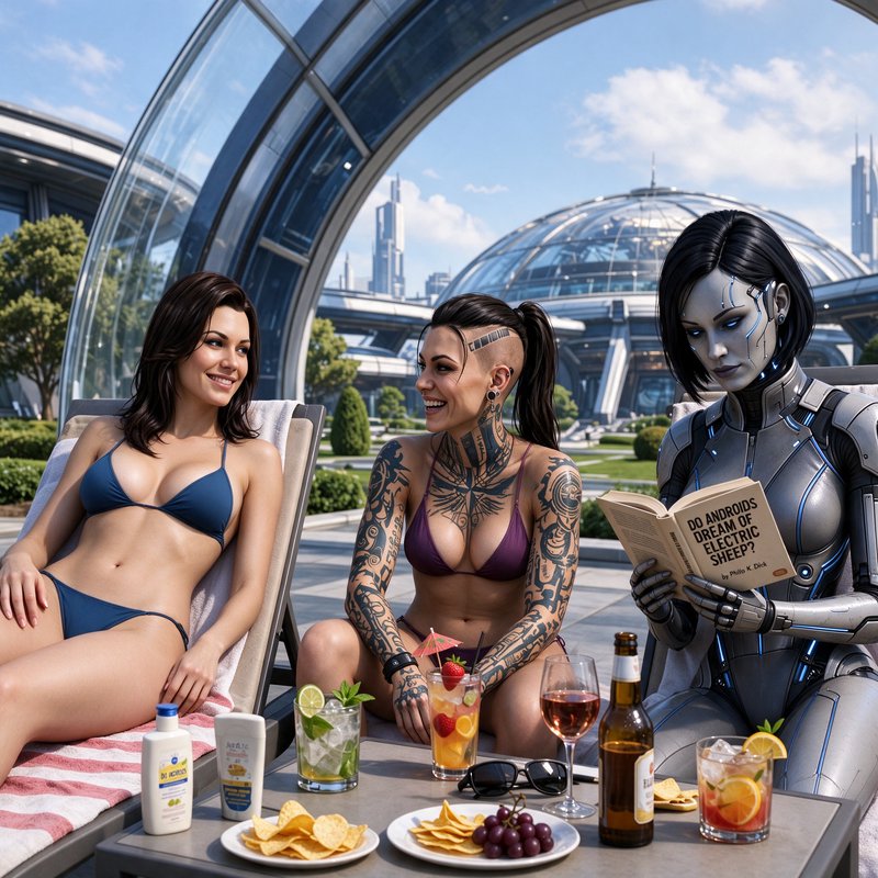 Three women including a silver humanoid cyborg relax poolside at a futuristic domed resort with s...